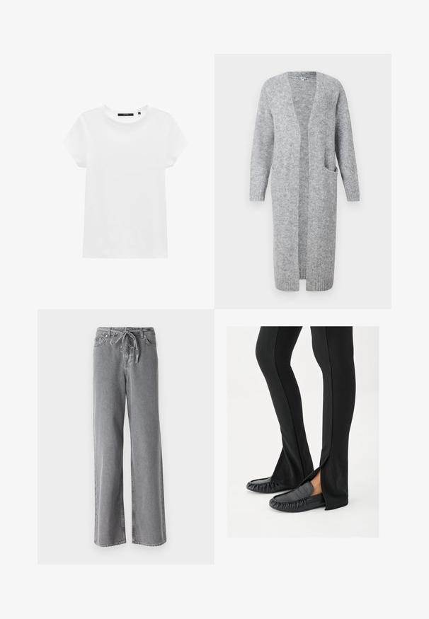 Object Knitted Long - Vest - medium grey melange; Witte katoenen t-shirt met een ronde hals, korte mouwen en een soepele textuur. Geen patronen of versieringen. Standaard pasvorm, casual ontwerp.; Grijze wijde spijkerbroek gemaakt van denim, met een koordjesband en twee voorkantzakken. De textuur is zacht, met een lichte vervaging.; Benen met zwarte wijde broeken met zijopeningen, gecombineerd met zwarte leren mocassins, op een witte achtergrond.