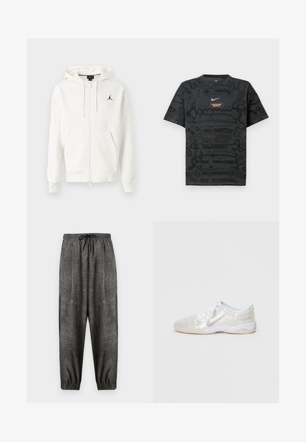 Sudadera blanca con cremallera, capucha, bolsillos frontales, cordones y pequeño logo negro de Jumpman en el lado izquierdo del pecho.; Camiseta negra con un patrón texturizado, que presenta un pequeño logotipo de Nike en azul claro y un parche rectangular con el logotipo en colores contrastantes.; Pantalones de chándal texturizados de color gris oscuro con cinturilla elástica y cordón negro, puños elásticos y corte holgado.; Zapatillas deportivas plateadas claras con un upper liso y brillante, paneles cosidos, cordones blancos y acentos beige en el talón y el logo.