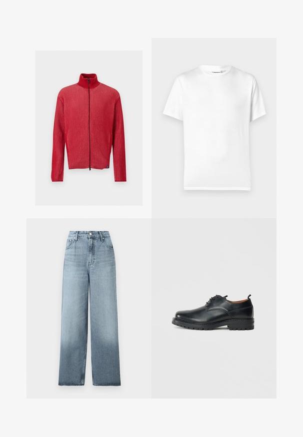 Rød ribstrikket trøje med lynlås, høj krave og lange ærmer, vist mod en ensartet lys baggrund.; Hvid bomulds t-shirt med klassisk rund halsudskæring, korte ærmer og lige kant. Glat tekstur, uden mønstre eller accenter.; Lyseblå, højtaljede jeans med vide ben, knap- og lynlåslukning, forlommer og bæltestropper på en ensfarvet baggrund.; Sorte læder derby-sko med en glat overflade, rund tå, snøre-design og en tyk, robust gummisål.