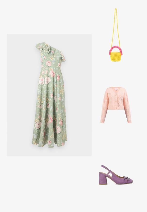 Roze gebreide cardigan met een V-hals, kabelpatroon en geborduurde bloemaccenten. Heeft vier knopen en geribbelde manchetten en zoom.; Bloemrijke maxi-jurk van lichtgroene stof, met een schouderontwerp, ruches bij de halslijn en meerkleurige bloemenpatronen door de hele jurk.; Paarse suedine slingback schoenen met een blokhak, uitgerust met een strik en versieringen op de teen. Verstelbare band voor een veilige pasvorm.; Geel beaded handtas met een roze gebogen handvat, met een ronde vorm en een textuur oppervlak, hangend aan een lange gele band.
