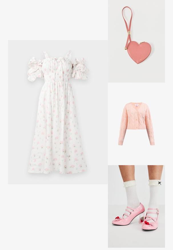 Lyserød strikket cardigan med V-udskæring, kabelstrik mønster og broderede blomsterdetaljer. Har fire knapper og ribbede manchetter og kant.; Hvid blomsterkjole med pink rosetter, smocket liv, skulderfri puffærmer og en svævende silhuet.; Lyserøde laklæderhæle med rund tå, tre remme og kirsebærpynt. Klart blokhæl med blomsterdekorationer. Hvide ribbede sokker.; Lyserød hjerteformet lædermøntpose med håndledsrem og guldlås, mærket med lille gyldent "Furla"-tekst.