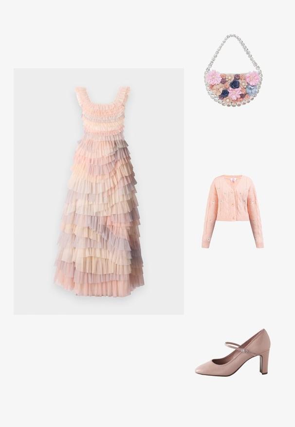 Sweater en tricot rose avec un col en V, un motif en maille torsadée et des accents floraux brodés. Il présente quatre boutons et des poignets et ourlets côtelés.; Robe maxi à plusieurs couches avec des teintes douces de rose, crème et volants en tulle lilas, tissu texturé et décolleté arrondi.; Chaussure à talons hauts en cuir rose avec un bout arrondi, une bride à la cheville et un bord festonné. Elle est dotée d'un talon bloc fin pour un bon maintien.; myMo at night Sac à main - multicolor pink