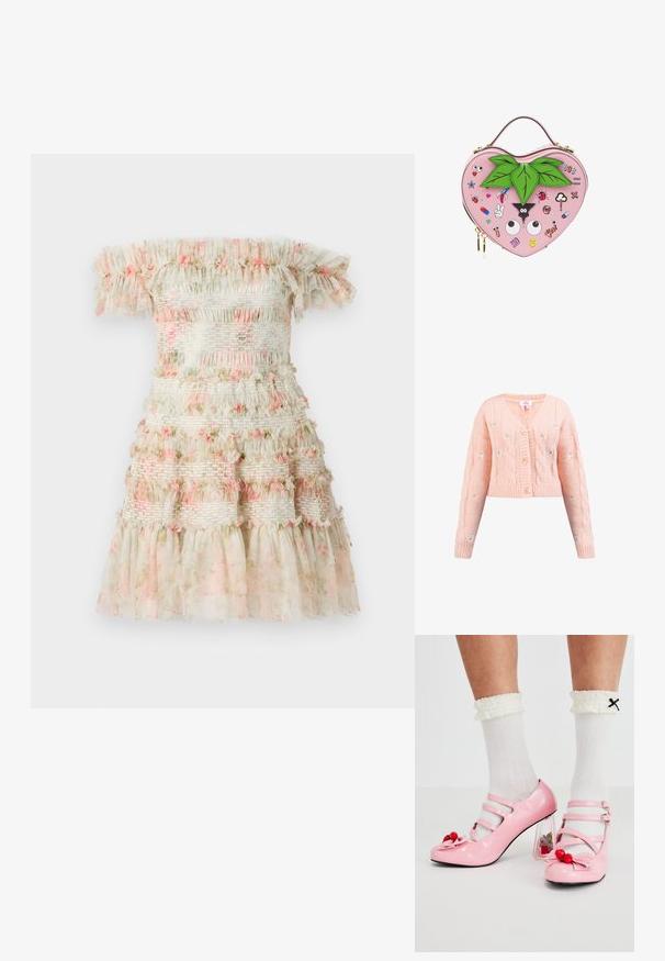 Lyserød strikket cardigan med V-udskæring, kabelstrik mønster og broderede blomsterdetaljer. Har fire knapper og ribbede manchetter og kant.; Off-the-shoulder kjole i lys creme med lagdelte flæser og pink blomsterdetaljer. Har smockede elastiske bånd for et struktureret look.; Lyserøde laklæderhæle med rund tå, tre remme og kirsebærpynt. Klart blokhæl med blomsterdekorationer. Hvide ribbede sokker.; Håndtaske formet som et hjerte i pink med grønne blade på toppen og forskellige farverige tegneserie-patches inklusive øjne, en mariehøne og emojis.