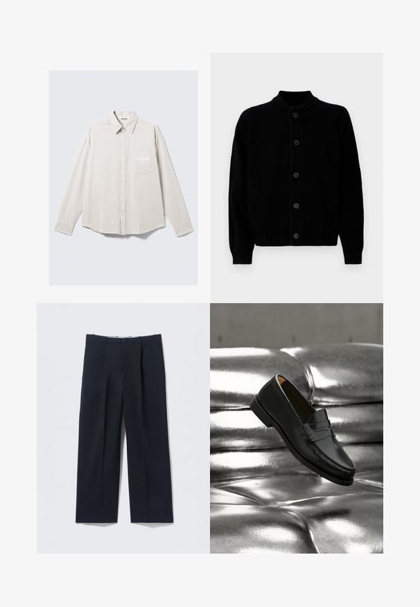 Cardigan noir en tricot côtes avec cinq boutons avant et un col rond, présenté à plat sur un fond blanc.; Chemise beige clair à manches longues avec boutons, col classique, poche avant et marquage discret sur la poche en blanc. Tissu à texture lisse.; Pantalon bleu marine foncé en tissu lisse, avec une coupe ajustée, deux poches avant et une fermeture par bouton.; Mocassin en cuir noir flottant au-dessus d'un canapé en cuir argenté brillant matelassé à boutons dans un décor minimaliste.