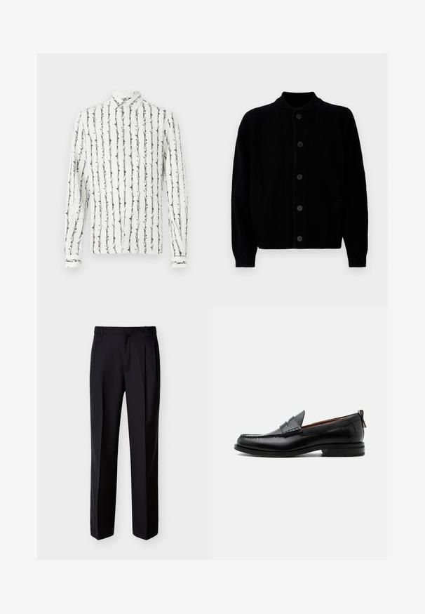 Cardigan noir en tricot côtes avec cinq boutons avant et un col rond, présenté à plat sur un fond blanc.; Chemise blanche à boutons avec des rayures verticales noires et un motif floral. Manches longues avec des poignets à boutons. Fabriquée en tissu léger.; Pantalon noir ajusté à coupe droite, avec un devant plissé et des poches latérales. Confectionné dans un tissu lisse et léger à motif uni.; Mocassin homme en cuir noir avec couture moc toe, bride penny, col texturé et petit talon empilé sur fond blanc.