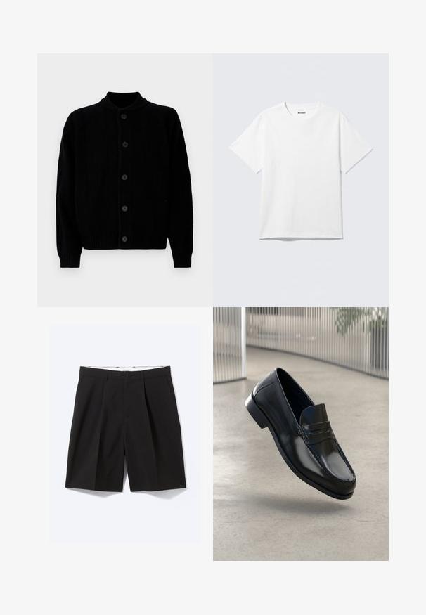 Cardigan noir en tricot côtes avec cinq boutons avant et un col rond, présenté à plat sur un fond blanc.; T-shirt blanc à manches courtes et col rond, étalé à plat, design uni, avec l'étiquette "WEEKDAY" à l'intérieur du col sur un fond clair.; Shorts noirs sur mesure longueur genou avec passants de ceinture, poches latérales, fermeture par boutons et plis devant, posés à plat sur fond blanc.; Mocassins en cuir noir à finition lisse, bout arrondi, coutures décoratives et semelle extérieure légèrement surélevée.