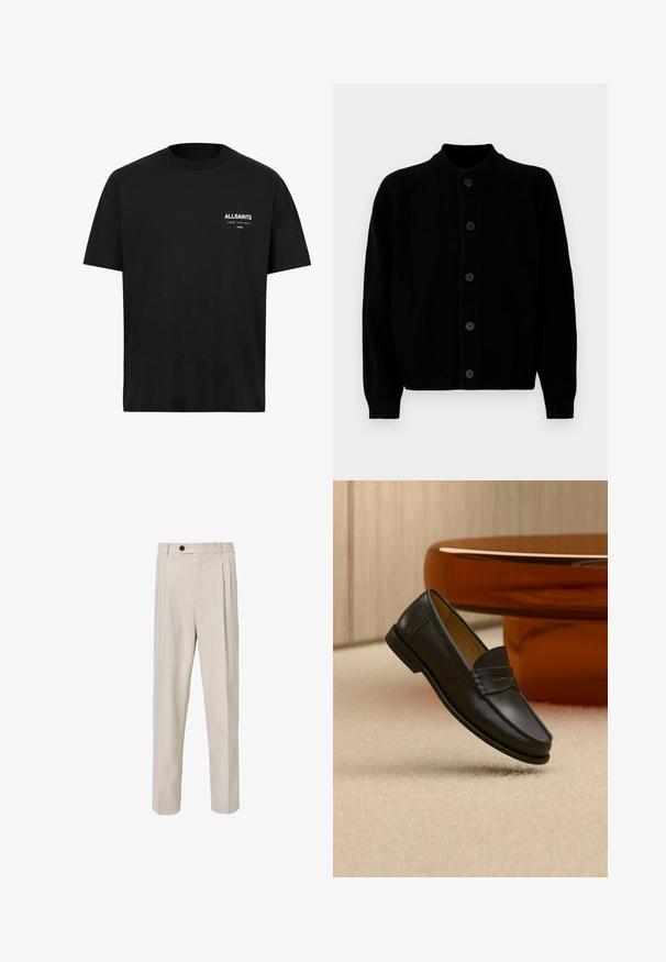 Sort ribbet strikket cardigan med fem frontknapper og rund halslinning, vist fladt mod en hvid baggrund.; Sort bomulds t-shirt med korte ærmer og rund hals. Har hvid tekst "ALLSAINTS" og "LONDON" på venstre brystområde.; Beige skræddersyede bukser med lige ben-design, der har frontplisseringer, knaplukning og en glat tekstur.; Sort læder loafer-sko hængende over beige tæppe med ravfarvet moderne møblement i baggrunden.