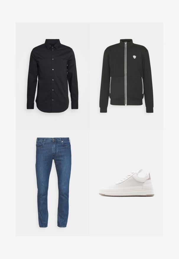EA7 Emporio Armani Mikina so zipsom - nero; Čierna košeľa s dlhým rukávom a gombíkmi vyrobená z hladkej tkaniny, s klasickým golierom, plnými rukávmi a malým logom na hrudi.; Modré džínsy s úzkym strihom, piatimi vreckami a zapínaním na gombík. Tkanina má jemnú štruktúru a mierne vybledlé akcenty.; Nízkoprofilová biela teniska s textúrovaným bočným panelom, polstrovaným golierom, šnurovaním vpredu a značkou "Filling Pieces" na okraji podrážky.