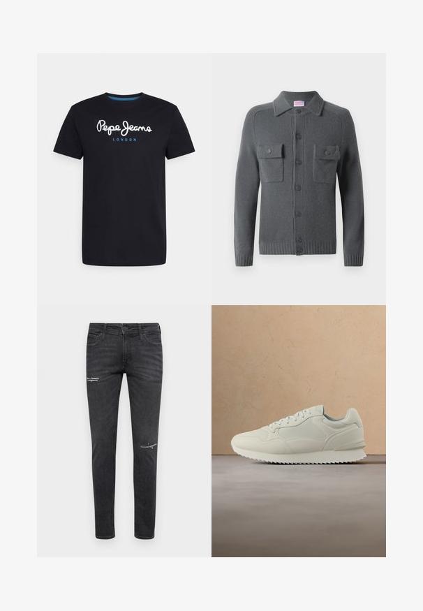 Cárdigan gris de punto con cierre de botones en la parte delantera, dos bolsillos en el pecho y cuello con solapa. Puños y dobladillo de canalé. Textura suave.; Camiseta negra de algodón con un logo de guion en blanco "Pepe Jeans" con un acento azul, cuello redondo y mangas cortas. Diseño simple y sólido.; Jeans skinny negros de denim, con detalles desgastados en las rodillas, diseño de cinco bolsillos y un cierre clásico con botón y cremallera.; Zapatilla color crema con diseño de cordones, suela gruesa y suela exterior texturizada, flotando sobre una alfombra beige y un fondo de sofá.