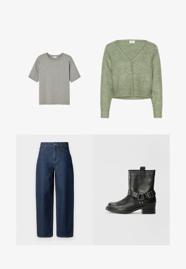 Kort grøn strikket cardigan med V-hals, lange ærmer og ribbet kant. Har lukning med knapper og blødt, tekstureret stof.; Grå T-shirt med korte ærmer lavet af blød bomuld, med runde halsudskæring og afslappet pasform uden fremtrædende mønstre eller detaljer.; Mørkeblå højtaljede straight-leg denim jeans med knaplukning, bæltestropper og for- og baglommer på en hvid baggrund.; Samsøe Samsøe SABRENTA - Cowboy- / bikerstøvlette - black