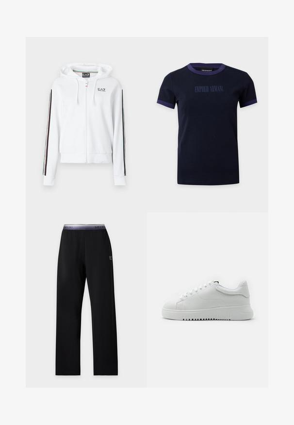Sweat à capuche blanc à fermeture éclair, fabriqué en tissu doux, avec un logo sur la poitrine et des accents rayés en vert, rouge et noir le long des manches.; T-shirt bleu marine à manches courtes avec bordure violette sur le col et les manches, avec le texte "EMPORIO ARMANI" en bleu marine assorti sur le devant.; Pantalon noir droit avec une ceinture élastique violet marquée et un petit logo blanc EA7 Emporio Armani sur la partie supérieure gauche de la cuisse.; Baskets blanches avec une tige en cuir texturé, bout rond et lacets. Semelle en caoutchouc blanc épaisse avec un motif de traction texturé.