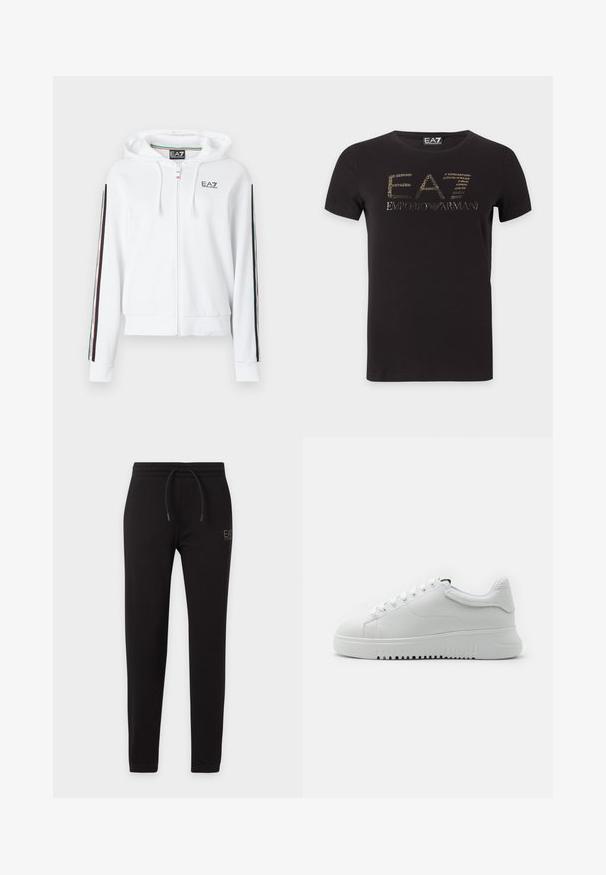 Sweat à capuche blanc à fermeture éclair, fabriqué en tissu doux, avec un logo sur la poitrine et des accents rayés en vert, rouge et noir le long des manches.; T-shirt noir à manches courtes avec logo doré EA7 Emporio Armani centré sur la poitrine sur fond blanc.; Pantalon de survêtement noir slim avec taille élastique et cordon, avec petit logo "EA7 Emporio Armani" sur la cuisse gauche.; Baskets blanches avec une tige en cuir texturé, bout rond et lacets. Semelle en caoutchouc blanc épaisse avec un motif de traction texturé.