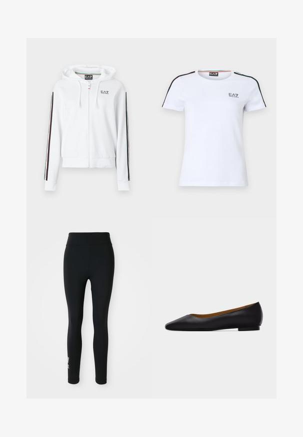 Biela mikina na zips vyrobená z mäkkého materiálu, s logom na hrudi a pruhovanými zelenými, červenými a čiernymi detailmi na rukávoch.; Biele bavlnené tričko s krátkym rukávom, na ramenách má kontrastné čierne a zelené pruhy a na hrudi malý logo EA7.; Čierne legíny vyrobené z elastického materiálu, s vysokým pásom a malou potlačenou logom na jednej nohe. Hladká textúra, priliehavý dizajn.; Čierna kožená dámska obuv s ostrou špičkou, nízkym podpätkom a hladkým povrchom, zobrazená z boku na svetlošedom pozadí.