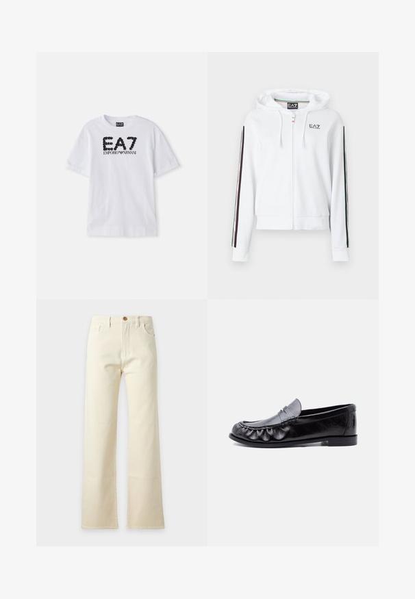 Witte hoodie met ritssluiting, gemaakt van zachte stof, met een logo op de borst en gestreepte accenten in groen, rood en zwart langs de mouwen.; Witte katoenen t-shirt met een zwarte paillettengegraveerde logo "EA7 EMPORIO ARMANI" op de voorkant, korte mouwen en een ronde hals.; Rechte jeans in roomkleur met voorste knoop en zakken, plat weergegeven op een lichtgrijze achtergrond.; Zwarte leren herenslipper met pennyband en gedetailleerd stiksel langs de afgeronde neus, platte zool en lage hak.