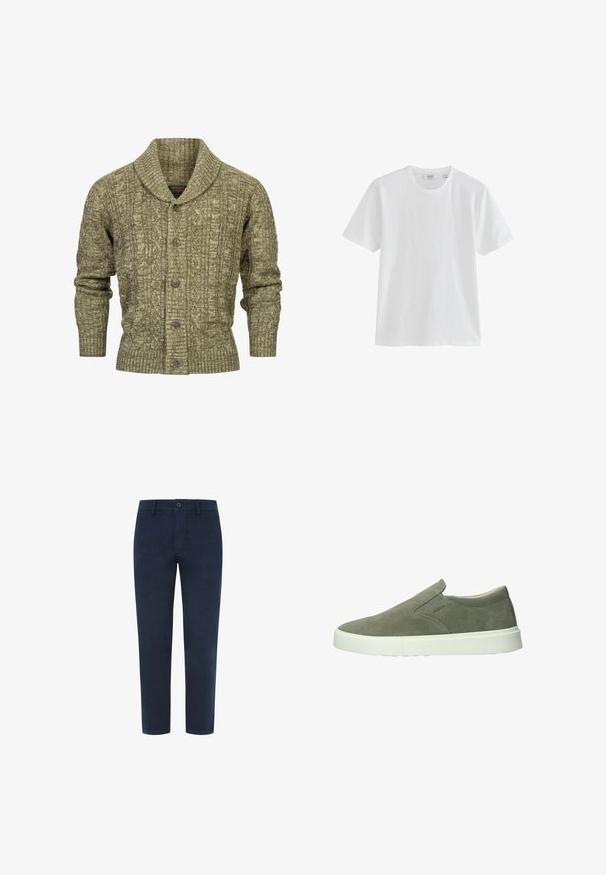 Olijfgroen kabelgebreide cardigan met sjaalkraag, geribbelde manchetten en zoom, en vijf bruine knopen aan de voorkant.; Eenvoudig wit T-shirt met korte mouwen en ronde hals, afgebeeld op een neutrale achtergrond met zichtbaar merkembleem binnenin de kraag.; Marineblauwe katoenen chinos met een knoopsluiting, rechte pijpen en een soepele textuur. Voorzien van zijzakken en een enkele achterzak.; Grijze suède instapsneaker met witte zool en subtiele stiksels, zijmerk en een laag uitgesneden enkelkraag.