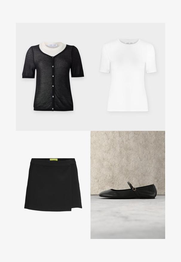 Cardigan noir à manches courtes avec un décolleté en V, présentant une texture en tricot léger, un col blanc contrastant et une fermeture à boutons sur le devant.; T-shirt blanc à manches courtes avec col rond, coupe slim et texture de tissu côtelé, présenté sur un fond uni gris clair.; Jupe portefeuille noire en tissu lisse, présentant une taille haute et une fente sur le côté. L'étiquette est visible dans une couleur jaune vif contrastante.; Ballerine en cuir noir avec bout arrondi, dotée d'une fine lanière et d'une boucle circulaire dorée. Texture lisse et design minimaliste.