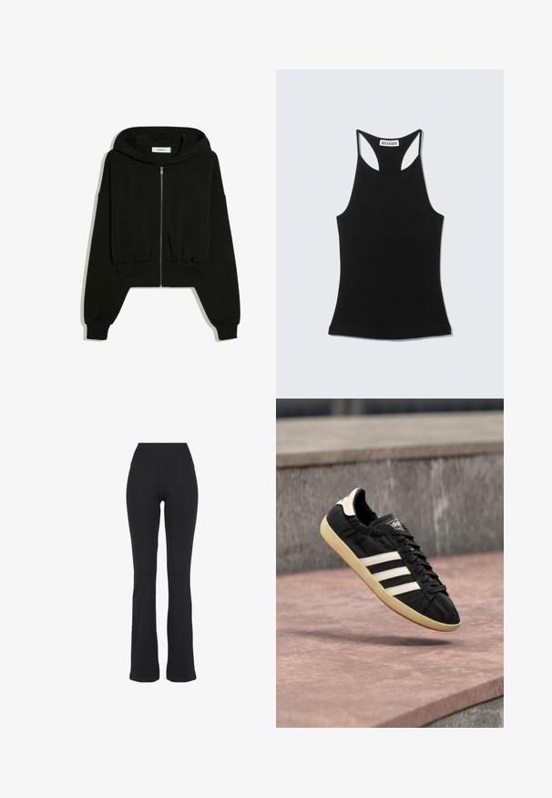 Sort kort lynlåshætte med lange ærmer, ribstrikkede manchetter og hætte, vist fladt på en hvid baggrund.; Sort ærmeløs racerback-top med "WEEKDAY" label på øvre ryg, vist på en lys grå baggrund.; Sorte højtaljede, tætsiddende yogabukser med udvidede ben, præsenteret mod en hvid baggrund.; Sort Adidas sneaker med hvide striber og beige sål, fanget i luften over en stenet overflade og baggrund af en stenmur.