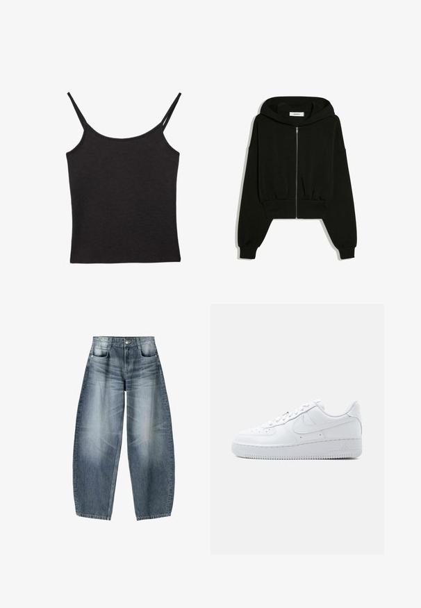 Sweat à capuche noir court zippé, manches longues, poignets côtelés et capuche, présenté à plat sur fond blanc.; Haut caraco en tissu côtelé noir avec fines bretelles doubles et un décolleté droit, posé à plat sur fond blanc.; Jean large en denim bleu clair avec décoloration, présentant un design à cinq poches, un bouton de fermeture et des détails de couture minimaux.; Baskets blanches basses Nike Air Force 1 avec fermeture à lacets, bout perforé, et logo swoosh signature sur le côté.