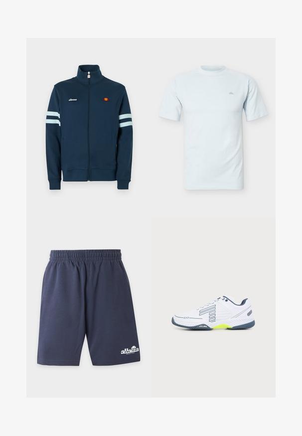 Veste zippée bleu marine avec col montant, accents rayés blancs sur les manches et logo brodé. Tissu doux, poignets et ourlet élastiques.; T-shirt uni bleu clair à manches courtes et col rond avec un petit logo discret sur la poitrine gauche.; Shorts décontractés bleu marine avec taille élastique et logo Ellesse blanc en bas à gauche de la jambe.; Chaussure de sport blanche avec semelle gris foncé, accent jaune clair, design rayé noir et logo EA7 sur le côté, affichée sur un fond uni.