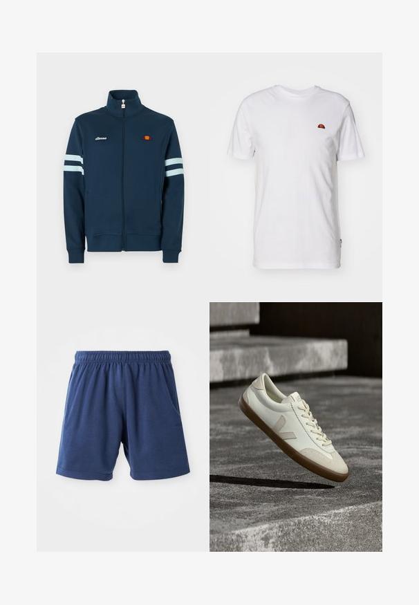 Marineblaue Jacke mit Reißverschluss, hohem Kragen, weißen Streifen an den Ärmeln und gesticktem Logo. Weicher Stoff, elastische Bündchen und Saum.; Schlichtes weißes kurzärmeliges T-Shirt mit kleinem rot-orangefarbenem Halbkreis-Logo im oberen linken Brustbereich.; Marineblaue Shorts aus weichstem Baumwollmix, mit einem elastischen Bund, seitlichen Taschen und geradem Schnitt. Ideal für Freizeitmode.; Weiße Leder-Sneaker mit beige-gummiartiger Sohle, flachen Schnürsenkeln und V-förmigem Akzent an der Seite. Verfügt über eine glatte Oberfläche und minimale Nahtdetails.