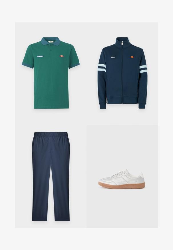 Marineblauwe jas met rits en hoge kraag, witte strepen op de mouwen en geborduurd logo. Zachte stof, elastische boorden en zoom.; Groene polo shirt van katoen met een contrasterende blauwe kraag en manchetten. Heeft een geborduurd logo en een klein kleurrijk ontwerp op de borst.; Recht gesneden broek met elastische taille in marineblauw, gemaakt van een subtiel gestructureerde stof en een vlakke voorkant.; Zilveren sneakers met een gladde textuur, vetersluiting, geperforeerde accenten en een gestructureerde bruine rubberen zool.