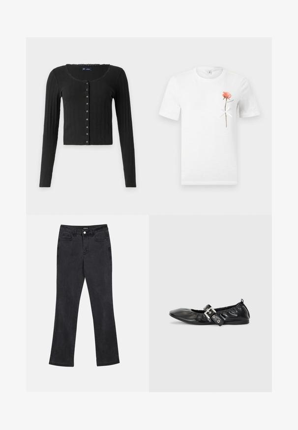 Cárdigan negro de manga larga hecho de tela acanalada con escote en forma de barco, que presenta una fila de botones metálicos en la parte delantera y un corte cropped.; Camiseta blanca de manga corta con una sola rosa rosa y un lazo blanco atado alrededor de su tallo en el área del pecho izquierdo.; Vaqueros negros de pierna recta con bolsillos delanteros y traseros, pasadores para cinturón y cierre de botón en la cintura.; Zapato plano de piel negra con puntera afilada, detalle fruncido alrededor de la abertura y un acento de hebilla plateada en la correa ajustable.