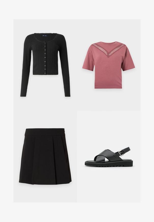 Cardigan noir à manches longues en tissu côtelé avec un col en cœur, présentant une rangée de boutons métalliques sur le devant et une coupe courte.; T-shirt à manches courtes rose poussière avec un détail en dentelle en forme de V sur la poitrine et un col rond sur un fond uni.; Jupe plissée noire avec une texture lisse et une taille ajustée. Le design présente des plis verticaux pour une dimension et une allure supplémentaires.; Sandales en cuir noir avec un design à lanières croisées, boucle réglable et semelle texturée avec des crans pour une meilleure adhérence.