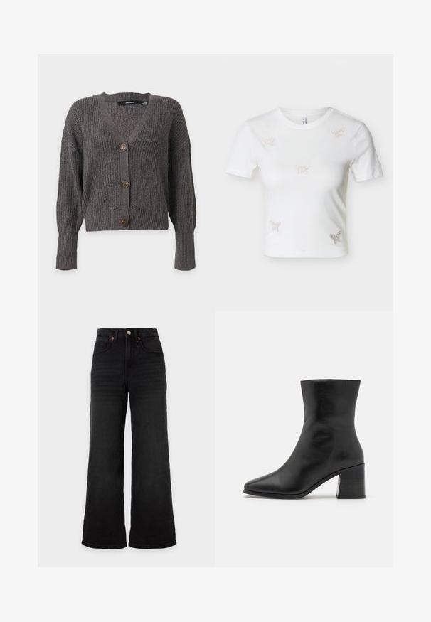 Cardigan tricoté gris foncé avec trois boutons marron, manches longues et col en V profond sur fond uni.; T-shirt blanc court à manches courtes avec cinq petits papillons en strass sur le devant.; Jean noir taille haute à jambes larges avec poches avant et fermeture à bouton sur fond uni clair.; Bottines en cuir noir, bout pointu, texture lisse, talon bloc de hauteur intermédiaire, design minimaliste et finitions cousues le long du col.