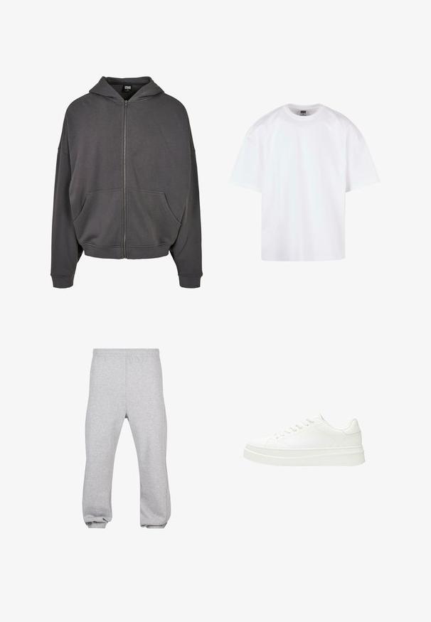 Sweatshirt zip gris avec capuche à cordon, poches avant, manches larges et poignets et ourlet côtelés. Texture de tissu lisse.; T-shirt blanc à manches courtes avec un col rond, en coton, présentant une coupe décontractée et des détails de couture minimaux.; Pantalon de jogging en coton gris clair avec taille élastique et poignets aux chevilles, présenté à plat sur fond blanc.; Baskets blanches avec une tige en cuir lisse, des lacets plats et une semelle en caoutchouc épaisse. Le design minimaliste présente des coutures discrètes et des accents sans couture.