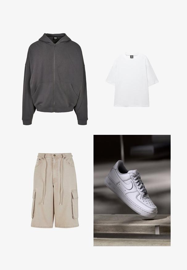 Grauer Reißverschluss-Hoodie mit Kordelzugkapuze, Fronttaschen, weiten Ärmeln sowie gerippten Bündchen und Saum. Glatte Stoffoberfläche.; Weißes, übergroßes T-Shirt mit kurzen Ärmeln, Rundhalsausschnitt und weichem Baumwollstoff. Hat ein schwarzes Etikett am Hals. Keine Muster oder Akzente.; Beige Cargo-Shorts aus Baumwolle mit einem Kordelzugbund, zwei Seitentaschen und einer einzelnen Seitentasche, mit sichtbaren Nähdetails.; Weißer Nike Air Force 1 Sneaker aus Leder mit perforierter Zehenpartie, flachen Schnürsenkeln und strukturierter Gummisohle mit "AIR"-Branding an der Seite.