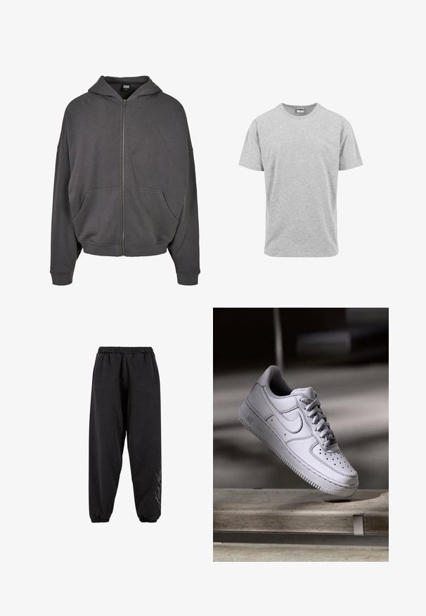 Sudadera gris con cremallera, con capucha ajustable, bolsillos frontales, mangas anchas y puños y dobladillo de punto. Textura de tela suave.; Camiseta de algodón gris con cuello redondo, mangas cortas y un corte relajado. Sin patrones ni gráficos; textura suave.; Pantalones de chándal negros hechos de una tela suave con una cintura elástica. Tobillos entallados y detalle de texto impreso en un lado. Corte casual y relajado.; Zapatilla Nike Air Force 1 de cuero blanco que presenta una puntera perforada, cordones planos y una suela de goma texturizada con la marca "AIR" en el lateral.