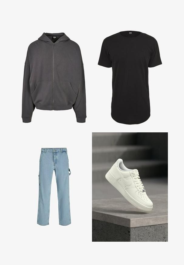 Grijze zip-up hoodie met een trekkoordcapuchon, zakken aan de voorkant, brede mouwen en ribgebreide boorden en hem. Soepele stofstructuur.; Zwart T-shirt met korte mouwen, gemaakt van katoen. Heeft een ronde hals en een rechte snit met een iets langere achterkant. Zachte textuur.; Lichtblauwe denim cargo pants met een ontspannen pasvorm, voorzien van zijbevestigingslussen en voorzakken, met een vervaagde textuur.; Witte leren sneaker met een laag profiel, een gestructureerd oppervlak, perforaties op de neus en zilverkleurige accenten op de veters en het logo.