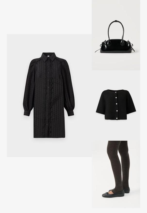 Schwarzer gerippter Strickcardigan mit weiten Ärmeln und sechs weißen Knöpfen vorne, vor einfarbig hellem Hintergrund gezeigt.; Schwarzes, knopfbares Kleid aus glattem Stoff, mit einem strukturierten Muster, Puffärmeln und einem dekorativen Spitzenbesatz entlang der Front.; Beine in dunklen, gerippten Leggings kombiniert mit schwarzen Ballerinas mit kleinen Schleifendetails auf weißem Hintergrund.; Kleine schwarze glänzende Handtasche mit zwei langen Griffen und seitlichen Kordelzug-Details vor einfachem hellem Hintergrund.