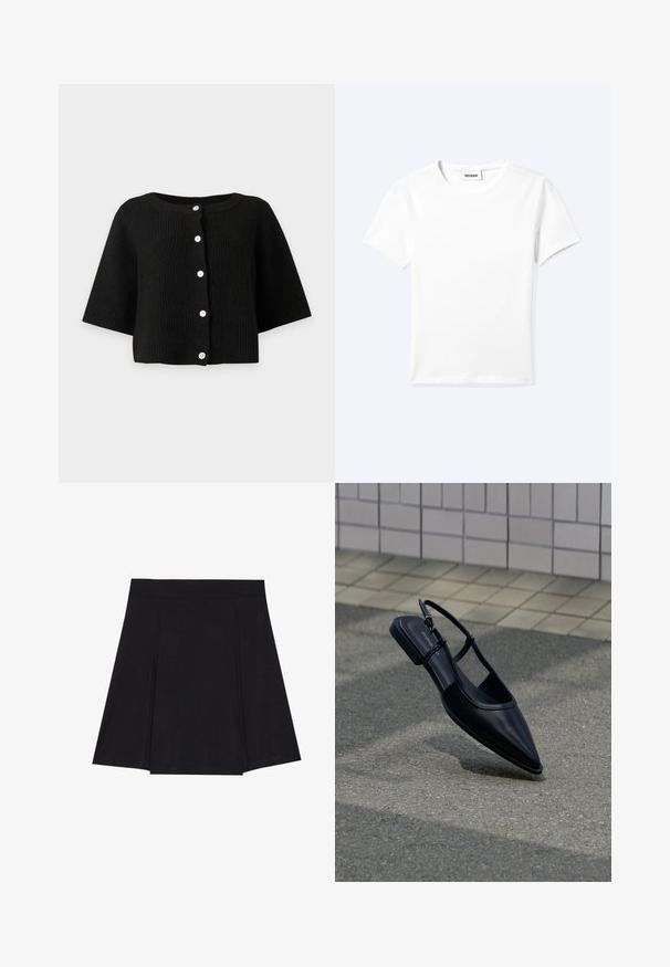 Sort ribstrikket cardigan med brede ærmer og seks hvide knapper foran, vist mod en ensartet lys baggrund.; Ensfarvet hvid t-shirt med korte ærmer og rund halsudskæring med en lille "WEEKDAY" label indeni halskanten, vist fladt på en lys baggrund.; Sort skater nederdel lavet af blødt stof, med en tætsiddende talje, plisseringer foran og en vidde, knælang kant.; Sort slingback-flad sko med spids tå, svævende over en asfaltflade ved siden af en flisebelagt fortov.