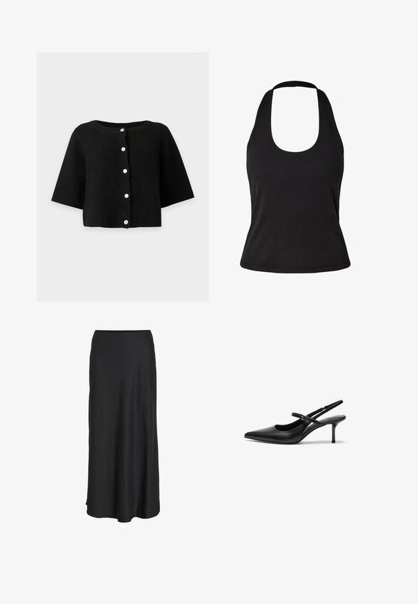 Cardigan negro de punto acanalado con mangas anchas y seis botones blancos en la parte frontal, mostrado sobre un fondo claro y liso.; Top halter sin mangas acanalado negro con escote redondo y cintura ajustada.; Falda larga negra confeccionada en una tela suave y ligera. Presenta una silueta sencilla en línea A con un dobladillo ligeramente acampanado y sin cierres visibles.; Zapatos de tacón slingback de cuero negro con punta afilada, correa ajustable delgada y un tacón de aguja de aproximadamente 5 cm, textura suave.