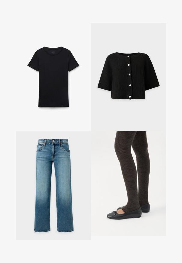 Sort ribstrikket cardigan med brede ærmer og seks hvide knapper foran, vist mod en ensartet lys baggrund.; Sort t-shirt med korte ærmer og rund hals lagt fladt på hvid baggrund, der viser forfra og glat stoftekstur.; Blå cowboy jeans med vidde ben, knap- og lynlåslukning, forlommer og bæltestropper på lys baggrund.; Ben iført mørke ribbede leggings kombineret med sorte balletsko med små sløjfedetaljer på hvid baggrund.