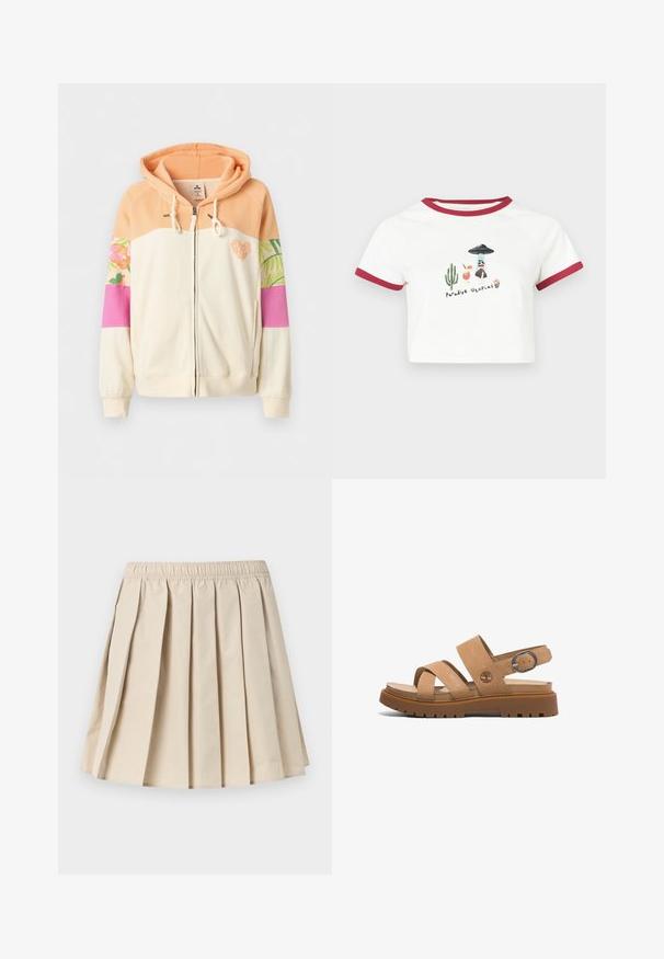 Kapuzensweatshirt mit Reißverschluss, Pfirsichfarben oben, cremefarbenem Körper, ärmeln mit Blumenmuster und pinkfarbenen Farbblöcken, vorne Taschen und einer Herzstickerei auf der Brust.; Weißes kurzes T-Shirt mit rotem Saum, das illustrierte Kakteen, Früchte und den Schriftzug "Paradise Utopias" in verspieltem Stil zeigt. Weiches Baumwollgewebe.; Beiger plissierter Rock mit elastischem Bund, knielang, glatter Stoff, gleichmäßig verteilte Kellerfalten.; Braune Ledersandalen mit zwei breiten Riemen, einem Riemen an der Rückseite mit einer Metallschnalle und einer robusten Gummisohle mit strukturiertem Muster.