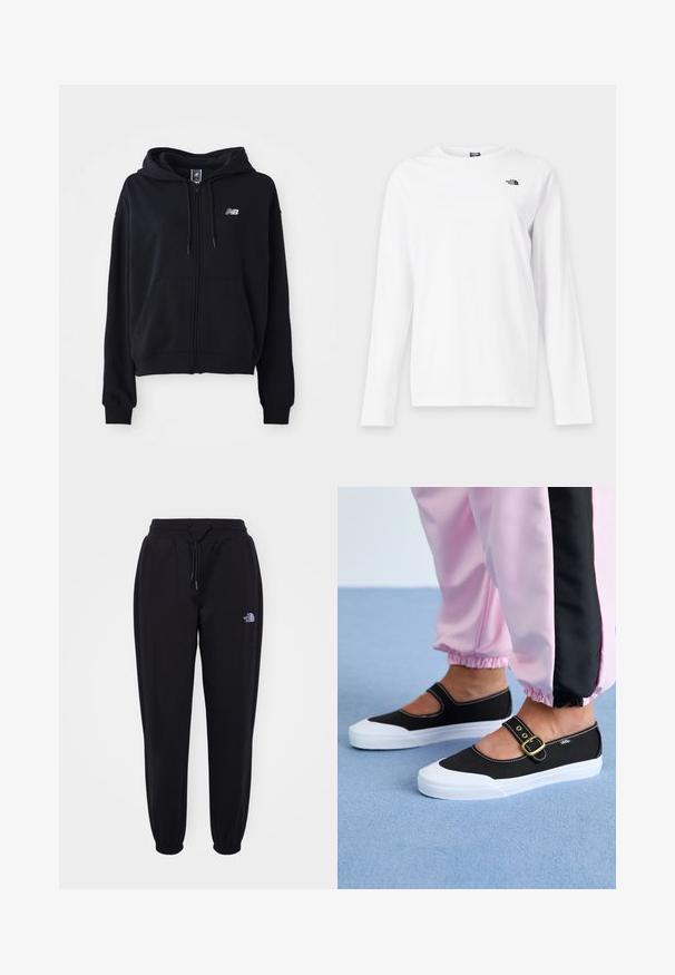 Sort zip-hoodie i blødt stof, med en kengurulomme, snoretræk til hætten og et lille reflekterende logo på brystet.; Hvid langærmet T-shirt med rund hals og lille sort The North Face-logo på venstre bryst.; Sorte joggingbukser med elastisk talje og manchetter, snoretræk, sidelommer og lille hvid The North Face-logo på højre lår.; Sorte lærredssko med en hvid sål, der har et udskæringsdesign og et guldspænde. Bæret med lyserøde træningsbukser.