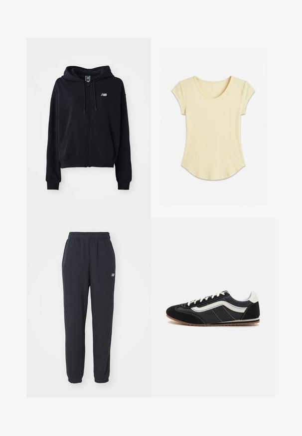 Sort zip-hoodie i blødt stof, med en kengurulomme, snoretræk til hætten og et lille reflekterende logo på brystet.; Lysegul ribbet kortærmet top med rund halsudskæring og let buet kant, vist fladt på en hvid baggrund.; Sorte sweatpants med elastisk talje, to sidelommer og et lille hvidt logo på venstre hofte. Fremstillet af blødt stof med en glat overflade.; Sorte ruskind- og nylon-sneakers med en hvid sidelinje, hvide snørebånd og en gummisål, med et lavprofil-design.