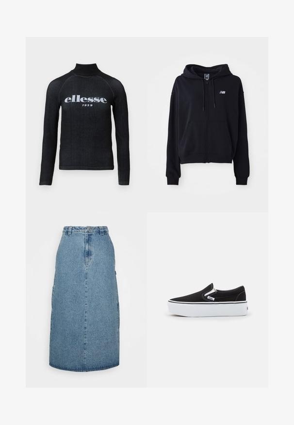 Sort zip-hoodie i blødt stof, med en kengurulomme, snoretræk til hætten og et lille reflekterende logo på brystet.; Sorte langærmet top med høj krave, udstyret med et hvidt trykt "ellesse 1959" logo over brystet; glat, strækbart stof.; Obey Clothing JUNIPER MIDI SKIRT - A-snit nederdel - stonewash indigo; Sorte canvas slip-on sko med en hvid gummi sål, der har elastiske sidelåg og kontrasterende syninger. Brandlogo synligt på siden.