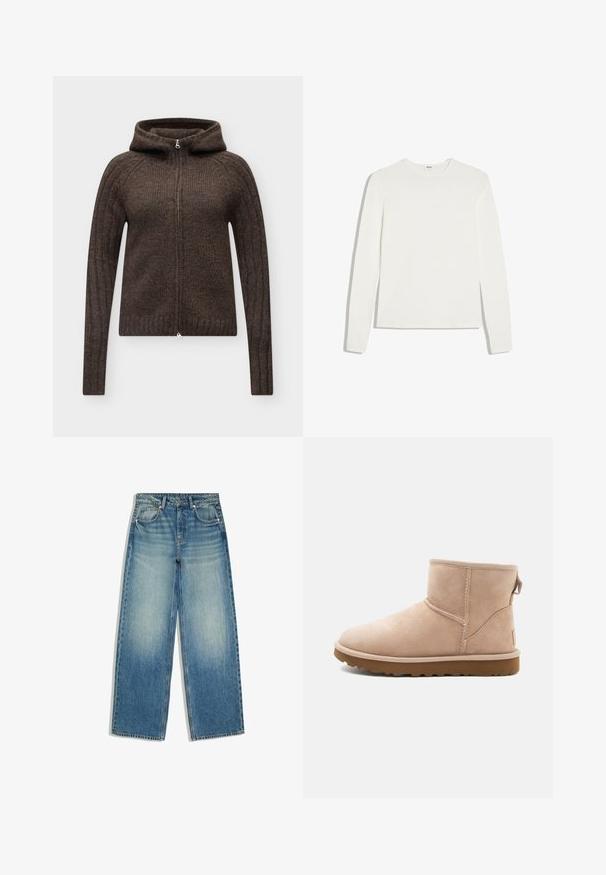 Sweat à capuche tricoté marron foncé à manches longues, avec fermeture éclair intégrale à l’avant et texture côtelée aux manches et à l’ourlet.; T-shirt blanc uni à manches longues avec col rond et coupe ajustée, posé à plat sur un fond blanc.; Jean bleu à jambes larges avec devant délavé, design à cinq poches, passants pour ceinture et fermeture par bouton.; Bottine en daim beige à bout arrondi, avec des accents cousus et une semelle en caoutchouc brun texturé. Elle se distingue par une languette à l'arrière.