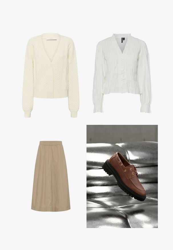 Cardigan en tricot crème avec col en V, boutons sur le devant, motifs texturés en losanges et torsades, et manches longues avec poignets côtelés.; Blouse blanche en tissu froissé, avec un col en V, un devant volanté et des manches longues avec des poignets élastiques. Design texturé et léger.; Jupe beige trapèze avec taille élastique, détail de couture avant et ourlet à hauteur du genou.; Mocassin en cuir marron avec semelle noire épaisse flottant au-dessus d'une surface argentée métallisée capitonnée.