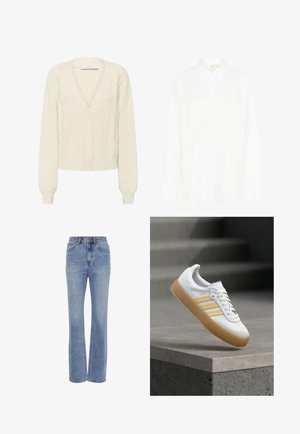 Crèmekleurige gebreide cardigan met V-hals, knoopsluiting aan de voorkant, een textuur van diamant- en kabelpatronen, en lange mouwen met geribbelde manchetten.; Witte blouse met lange mouwen, knoopsluiting voor, een klassieke kraag en een reguliere pasvorm. Gemaakt van gladde stof, met acht knopen aan de voorkant.; Lichtblauwe denim jeans met een hoge taille, recht gesneden ontwerp, vijf zakken, zichtbare stiksels en een lichte vervaagde textuur.; Witte leren sneaker met gele accenten, drie strepen en een zool van gum rubber. Voorzien van een afgeronde neus en een getextureerde tong.