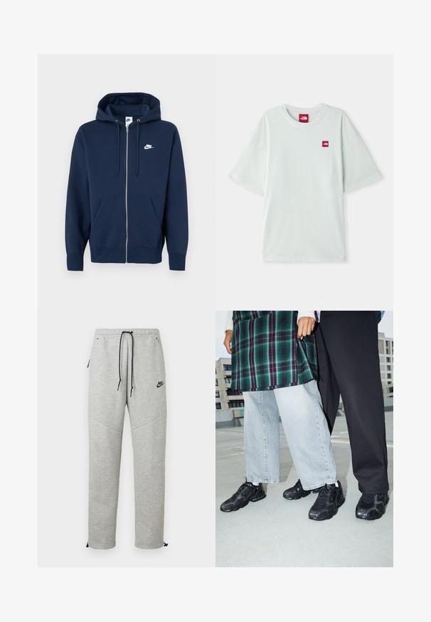 Tmavomodrá mikina na zips s predným vreckom, kapucňou so šnúrkami a bielym logom Nike na ľavej strane hrude. Vyrobená z mäkkej látky.; Svetlozelené tričko s krátkymi rukávmi vyrobené z mäkkého bavlneného materiálu, so malou červenou logovou nášivkou na ľavej strane hrude. Vo voľnom strihu a s okrúhlym výstrihom.; Šedé Nike tepláky so sťahovacím pásom, bočnými vreckami a elastickými manžetami. Majú hladkú textúru a kontrastný čierny logotyp.; Čierne športové topánky s sieťovinou a gumovými akcentmi. Nosené s svetlošedými širokými džínsami a kockovaným zeleným topom. Pozadie s plochým povrchom.