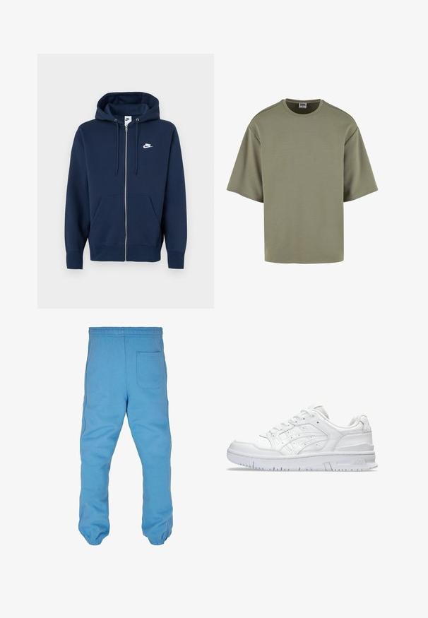 Sweat à capuche zippé bleu marine avec une poche avant, une capuche à cordon et un logo Nike blanc sur le côté gauche de la poitrine. Fabriqué en tissu doux.; T-shirt oversize vert olive, tissu doux, col rond, manches courtes, design minimal, sans motifs ni accents visibles.; Pantalon de survêtement bleu clair en coton doux. Équipé d'une taille élastique, de poignets de jambe fuselés et d'une poche arrière.; Baskets de sport blanches avec tige en cuir lisse, boîte à orteils perforée et semelle rembourrée. Présente des accents texturés et un logo de marque.