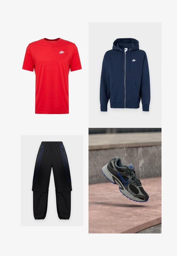 Marineblauwe zip-up hoodie met een voorzak, trekkoord in de capuchon en een wit Nike-logo op de linkerborst. Gemaakt van zacht materiaal.; Rode katoen crewneck t-shirt met korte mouwen, voorzien van een wit Nike-logo op de linkerborst. Gladde textuur en casual ontwerp.; Zwarte en donkerblauwe cargobroek met elastische tailleband en boorden, voorzien van ritssluitingen aan de zijkanten en gelaagde stofpanelen op de dijen.; Grijze en zwarte Nike hardloopschoen met blauwe accenten zwevend boven stenen trappen buiten.