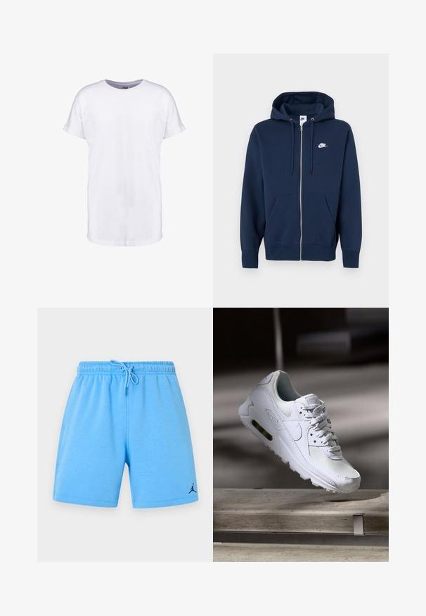 Sudadera con capucha azul marino con cremallera, bolsillo delantero, capucha con cordón y logo blanco de Nike en el pecho izquierdo. Hecha de tela suave.; Camiseta blanca lisa de manga corta con puños remangados y cuello redondo, mostrada sobre un fondo blanco.; Pantalones cortos deportivos azul claro con cinturilla elástica, cordón ajustable y pequeño logo negro de Jumpman en la parte inferior de la pierna izquierda.; Zapatilla Nike Air Max 90 blanca con parte superior de malla y cuero, caja de puntera perforada y unidad de aire visible en el talón.