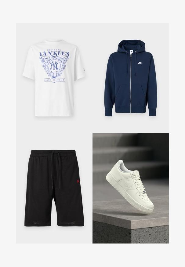 Marineblauer Kapuzenpullover mit Reißverschluss, einer Fronttasche, verstellbarer Kapuze mit Kordelzug und einem weißen Nike-Logo auf der linken Brustseite. Hergestellt aus weichem Stoff.; Weißes T-Shirt mit blauem Druckdesign, das "New York Yankees" zeigt, umständliche Details und "Seit 1903" unter einem Baseball-Logo. Kurze Ärmel.; Schwarze Mesh-Shorts mit elastischem Bund, verstellbarem Kordelzug und kleinem roten Logo auf der linken Seite. Leichter und atmungsaktiver Stoff.; Weißer Ledersneaker mit niedrigem Profil, strukturierter Oberfläche, Perforationen an der Spitze und silbernen Akzenten an den Schnürsenkeln und dem Branding.