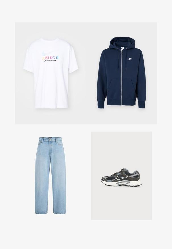 Tumesinine lukuga dressipluus esitasku, kapuuts nööriga ja valge Nike logo vasakul rinnal. Valmistatud pehmest kangast.; Valge puuvillane T-särk lühikeste varrukatega, mille ees on mitmevärviline tekst "LIHTSALT TEHA." ja Nike'i logo.; Hele sinised kõrge vöökohaga laiade säärtega teksad esiosas taskute, vööaasa ja nööbi ning tõmblukuga kinnitusega.; Hall ja must Nike jooksujalats valge tallaga ja Swooshi logoga, võrgust ja seemisnahast paneelidega, nähtuna välisküljelt.