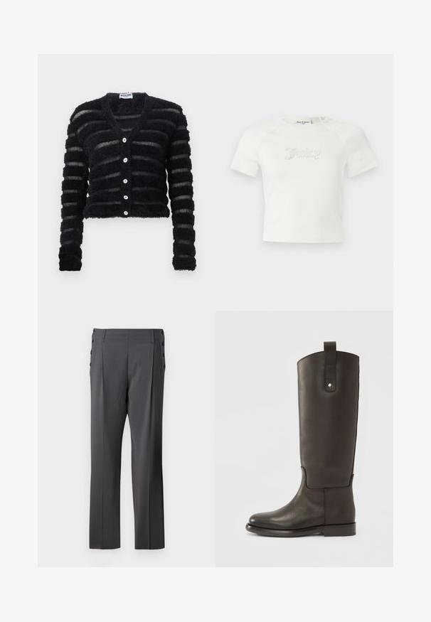 Sort fluffy cardigan med vandrette gennemsigtige striber, lange ærmer, V-hals og fem hvide knapper ned foran, mærket Moschino.; Hvid kortærmet cropped T-shirt med "Juicy" i rhinsten centreret på brystet og rund halsudskæring.; Grå skræddersyede bukser med lige ben, frontfolder og dekorative sidelommer for ekstra detalje. Glat stofstruktur.; Høje, mørkebrune læderstøvler med en glat finish, rundet tå og en kontrastfarvet brun detalje. Har en sidelås med en metaltryksnap.